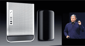 Apple's Phil Schiller introduces the new Mac Pro and shows off its small footprint.