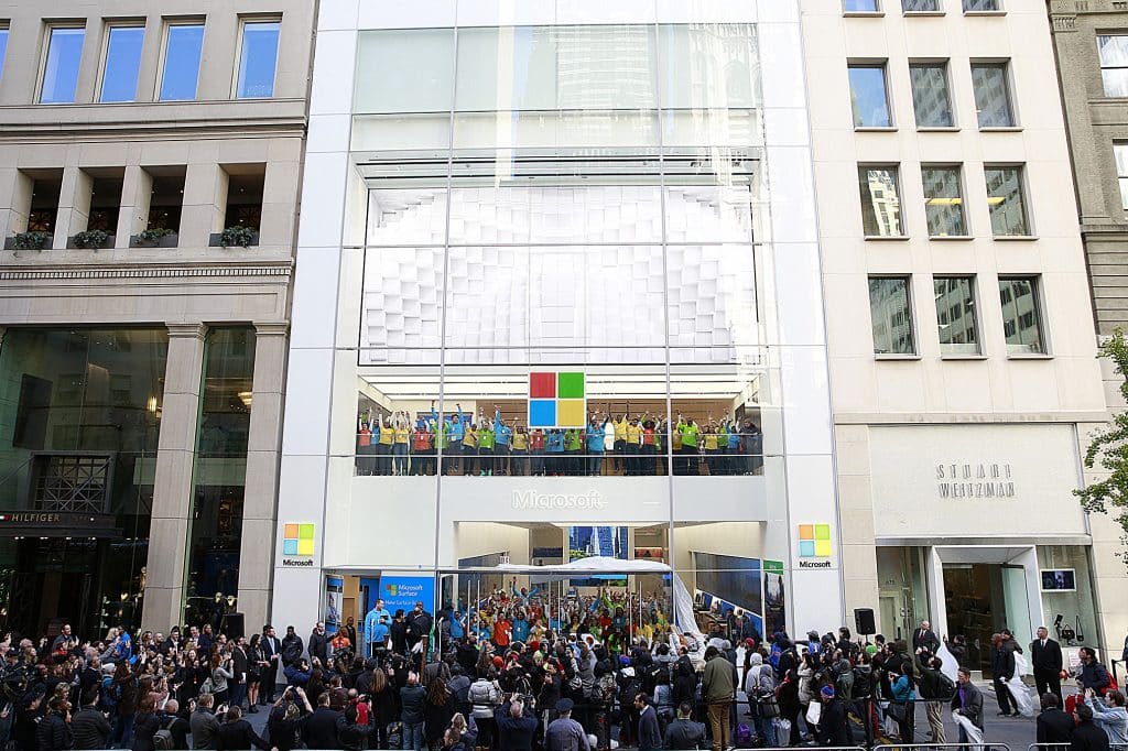 Crowds gather at the new Microsoft Flagship Store on Fifth Ave to celebrate the grand opening on Monday, Oct. 26, 2015, in New York. (Mark VonHolden/Invision for Microsoft/AP Images) Crowds gather at the new Microsoft Flagship Store on Fifth Ave to celebrate the grand opening on Monday, Oct. 26, 2015, in New York. (Mark VonHolden/Invision for Microsoft/AP Images)