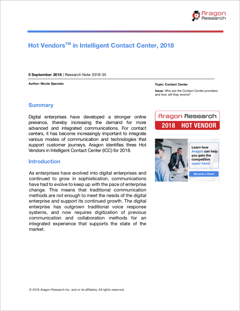 hv intelligent contact center 2018 - Special Report: Aragon Research Hot Vendors™ for 2018 (Part III)
