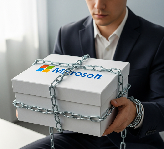 Man holding chained Microsoft boxes.
